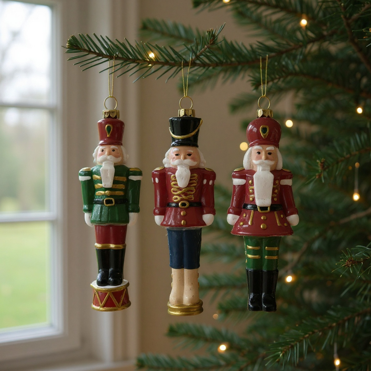 Three nutcrackers hanging from a Christmas tree