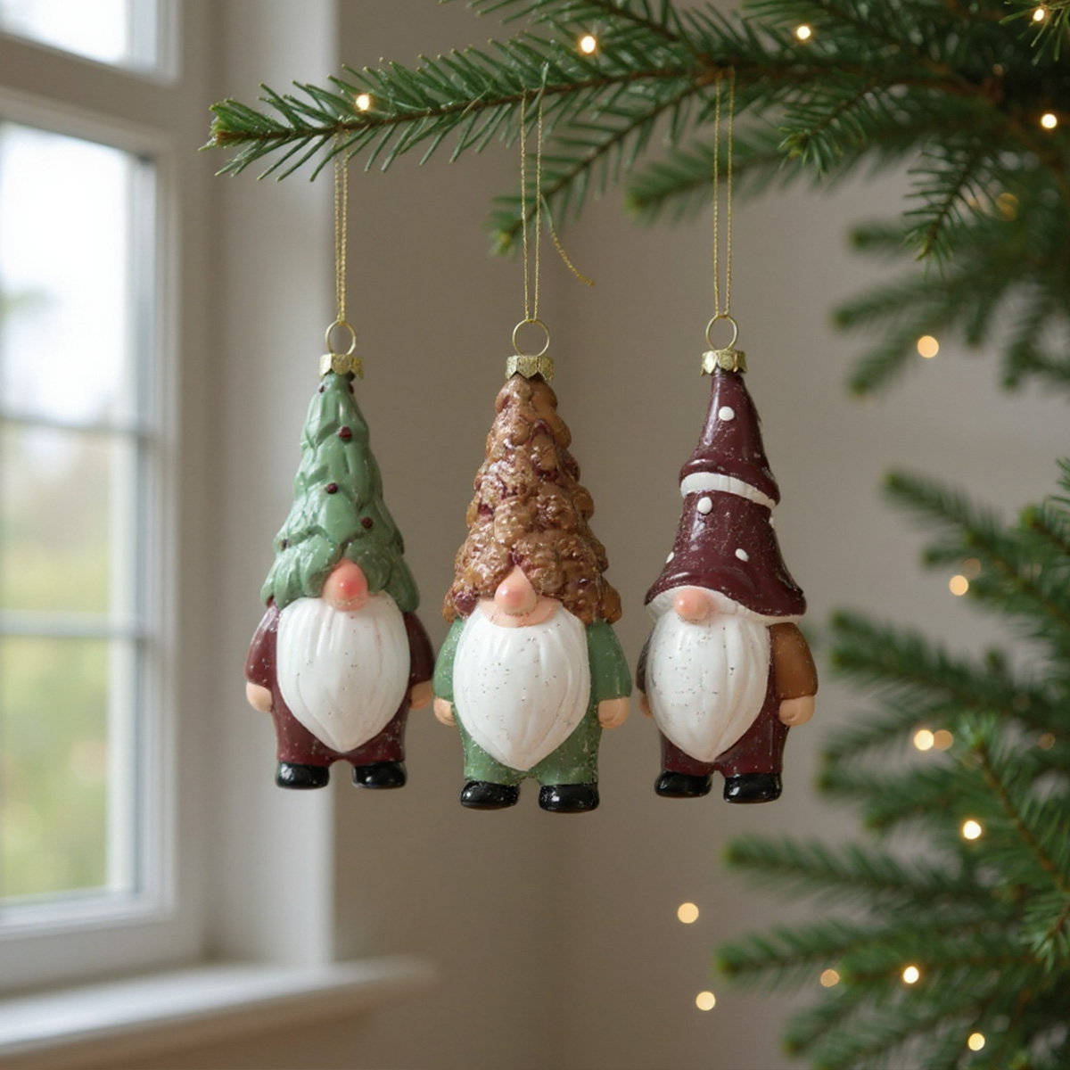 Three gnome-shaped Christmas decorations hanging from a Christmas tree