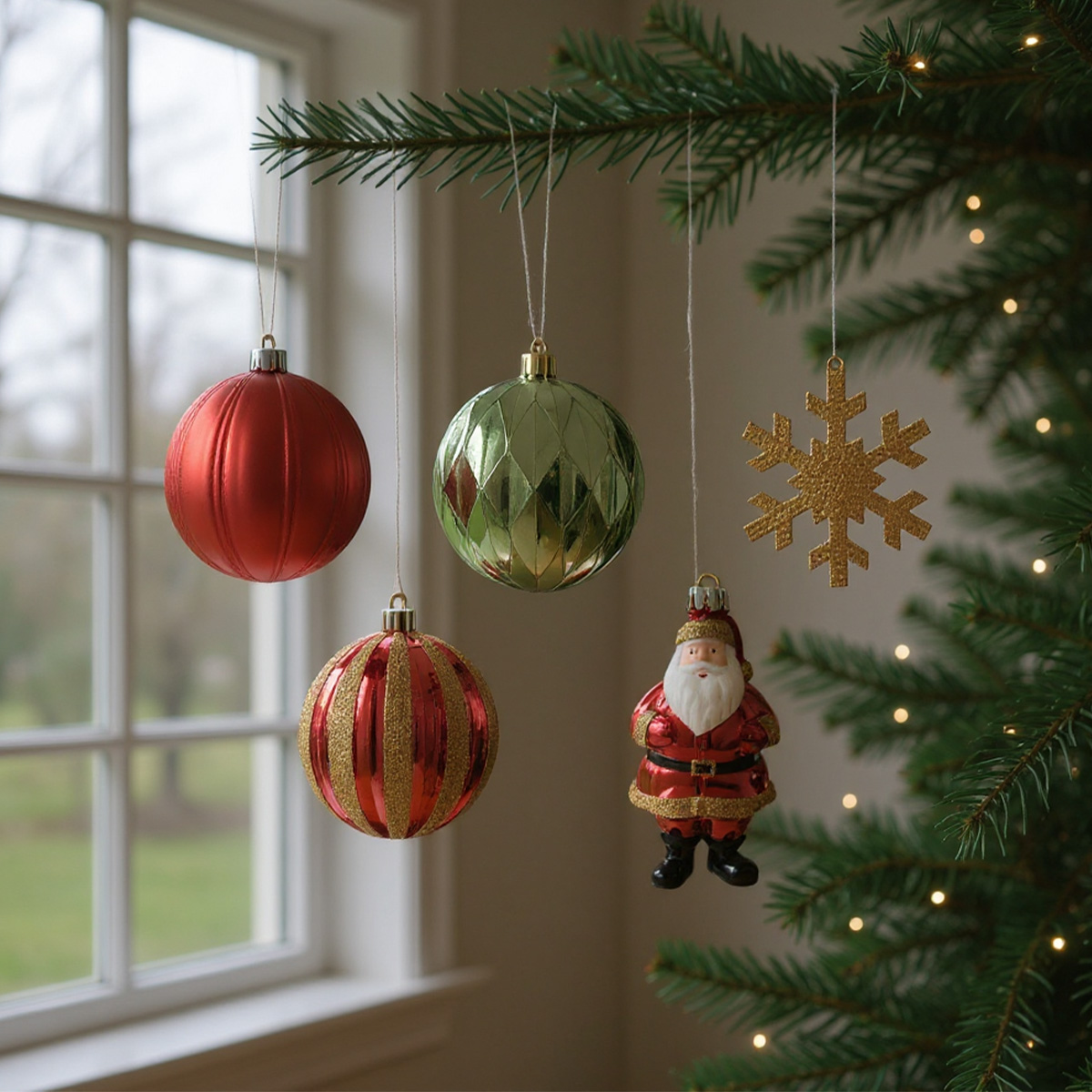Red and green Christmas baubles, a gold snowflake and Santa Claus hanging from a Christmas tree