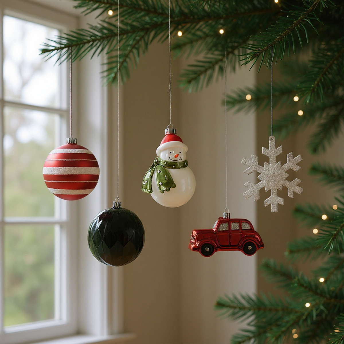 Christmas decorations: red striped bauble, snowman, snowflake and red car