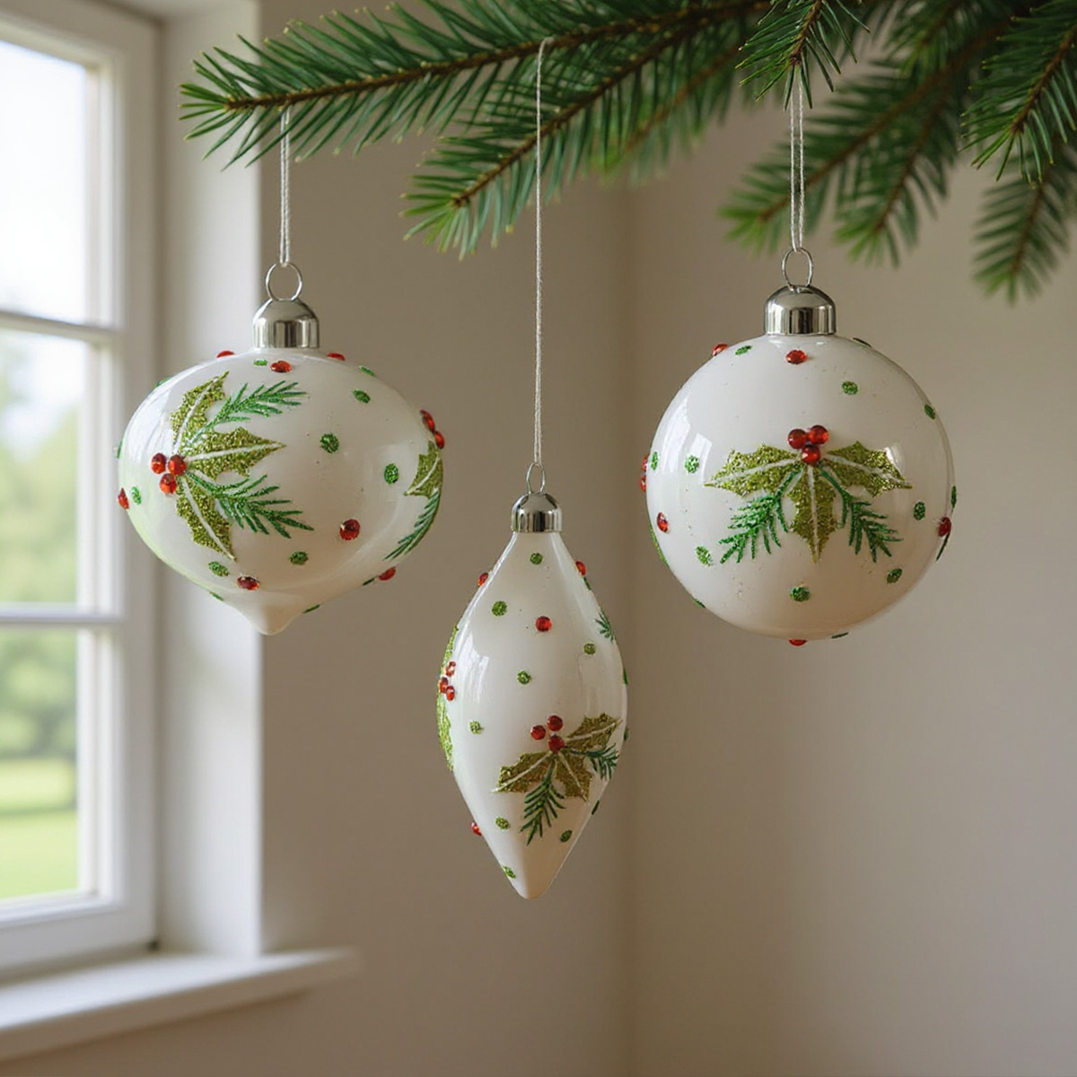 Boules de Noël blanches avec motifs de houx et de baies rouges et vertes