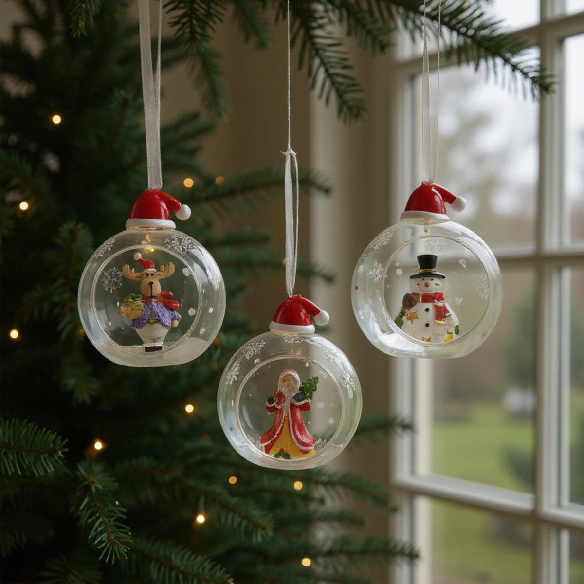 Boules de Noël transparentes avec renne, bonhomme de neige et Père Noël
