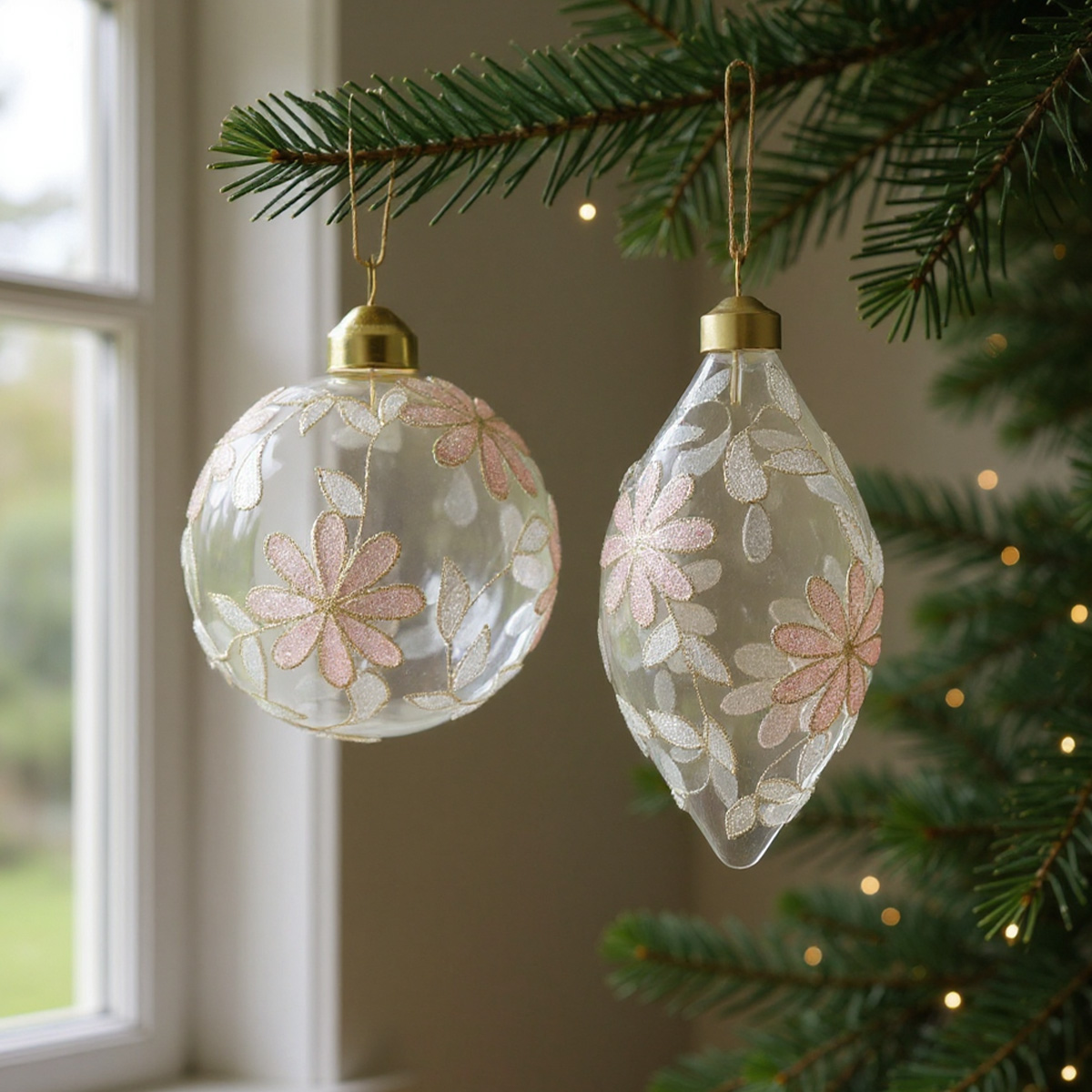 Palline di Natale trasparenti con motivi floreali rosa e bianchi