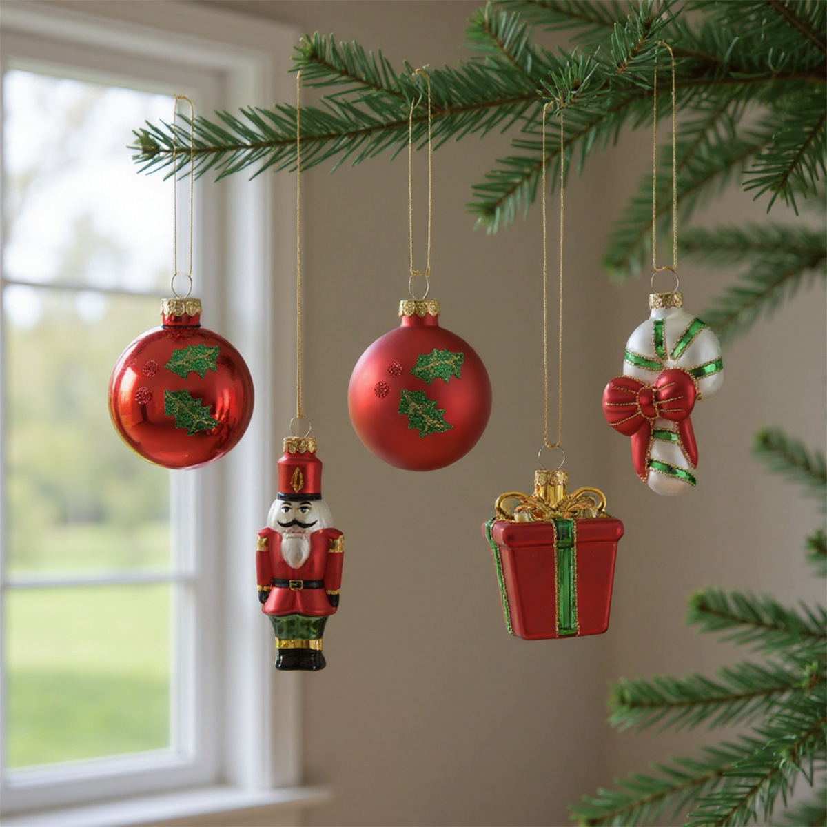Adornos navideños colgados en un árbol: cascanueces, bolas rojas, dulces y un regalo.