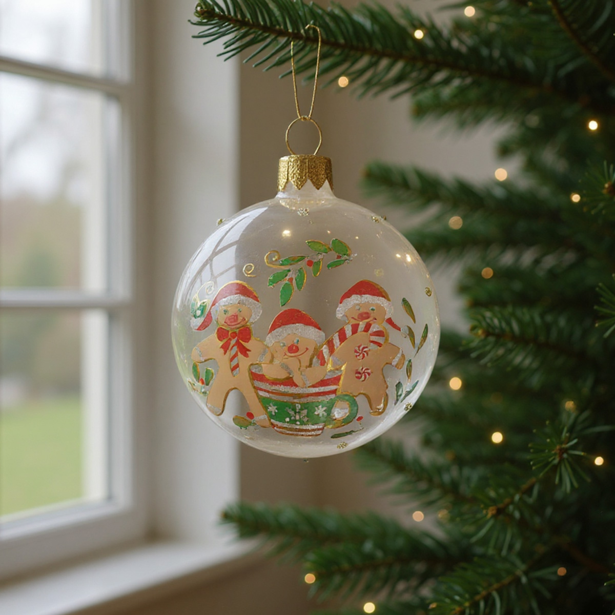 Boule de Noël transparente avec des bonshommes en pain d'épice dans une tasse