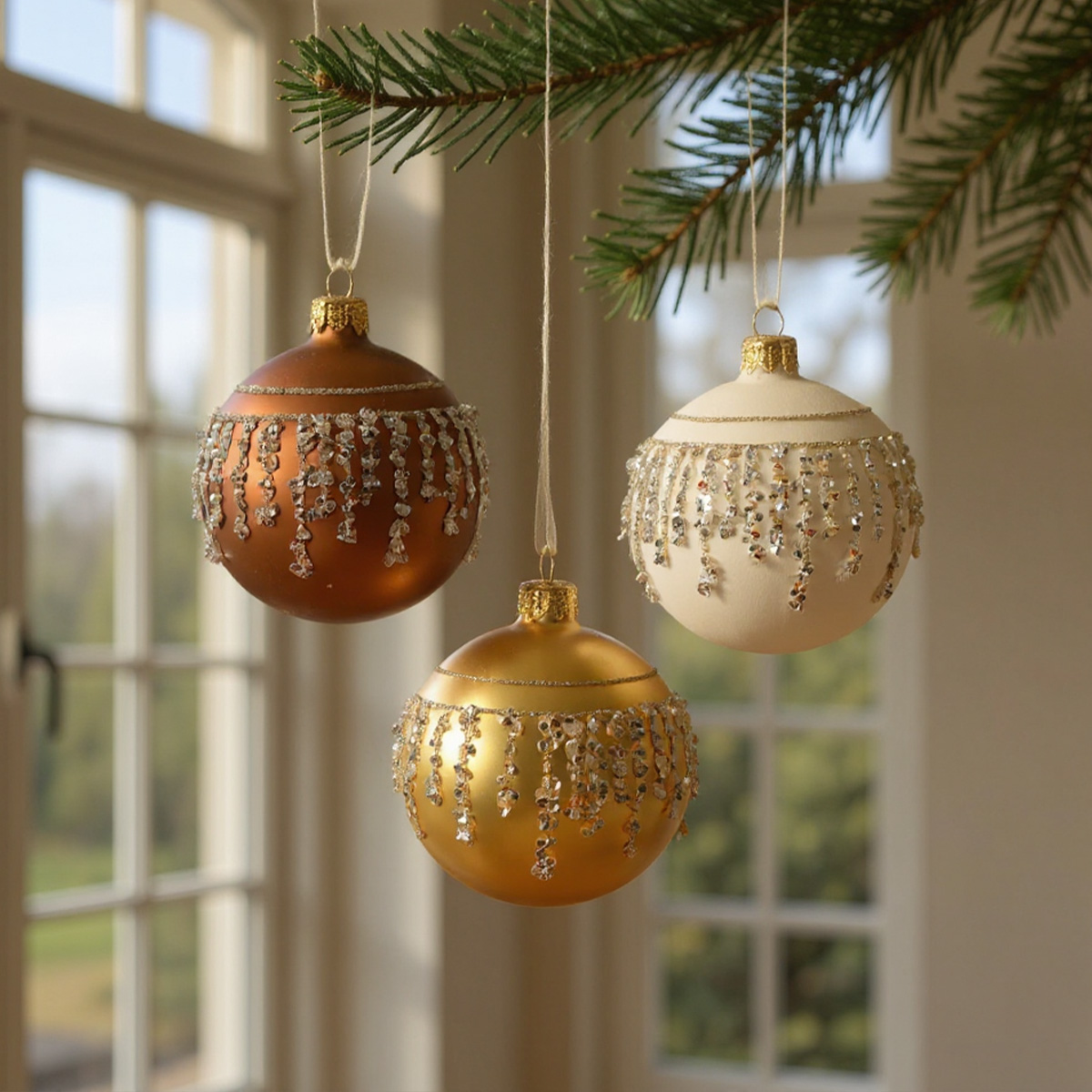 Trois boules de Noël décorées de perles suspendues à une branche de sapin