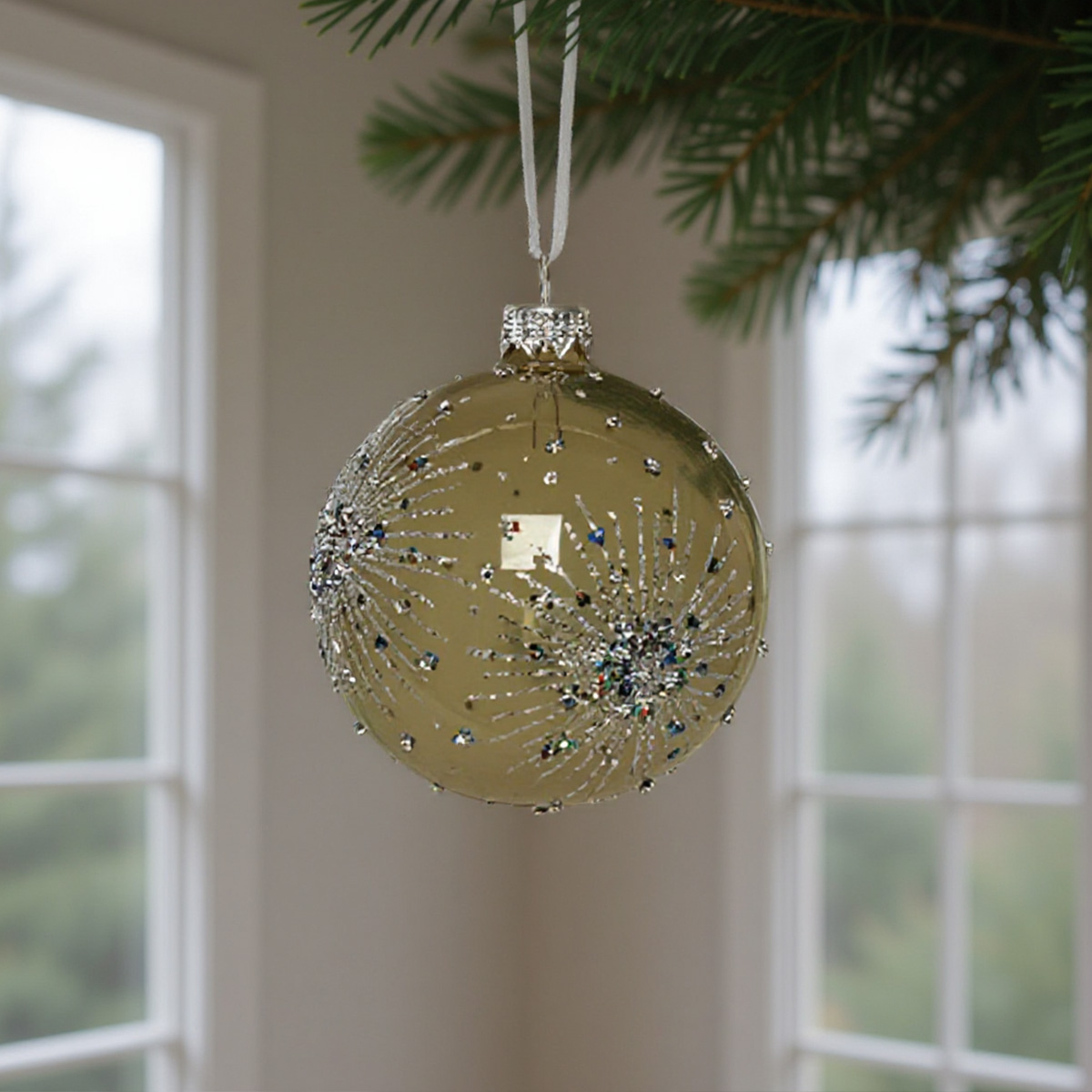 Boule de Noël dorée avec des paillettes argentées et des perles colorées