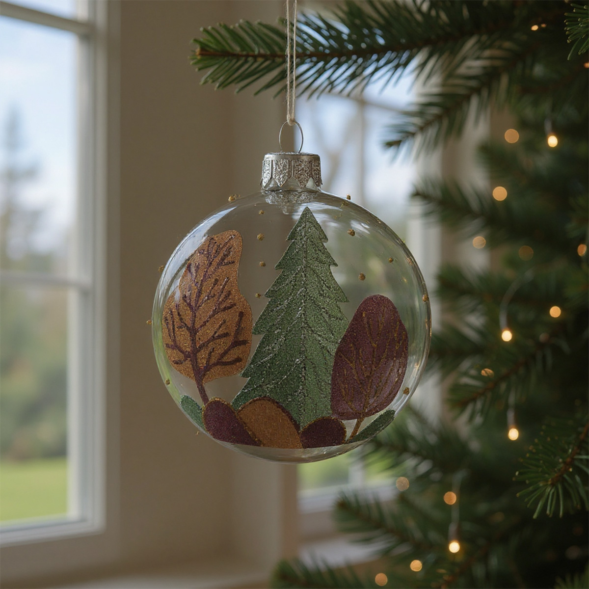 Boule de Noël transparente avec un paysage d'hiver peint à l'intérieur