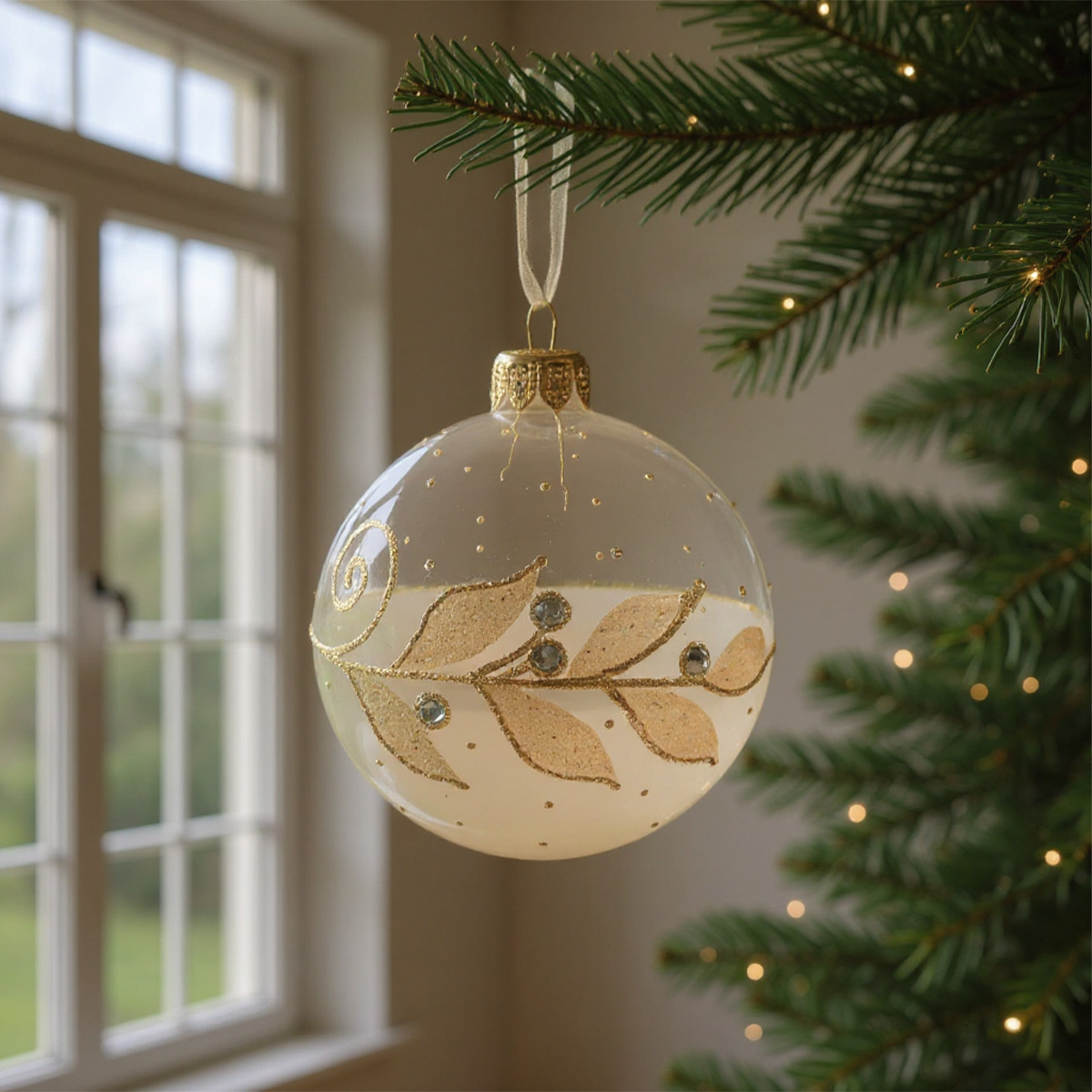 Boule de Noël transparente avec feuilles dorées et strass