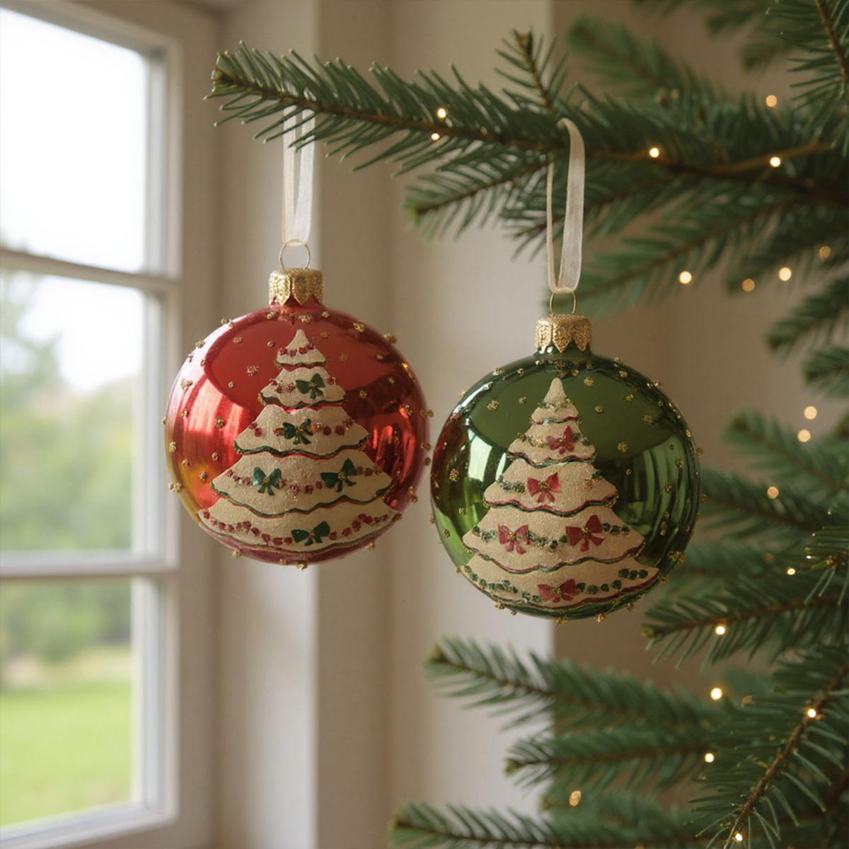 Boules de Noël rouges et vertes avec des sapins décorés