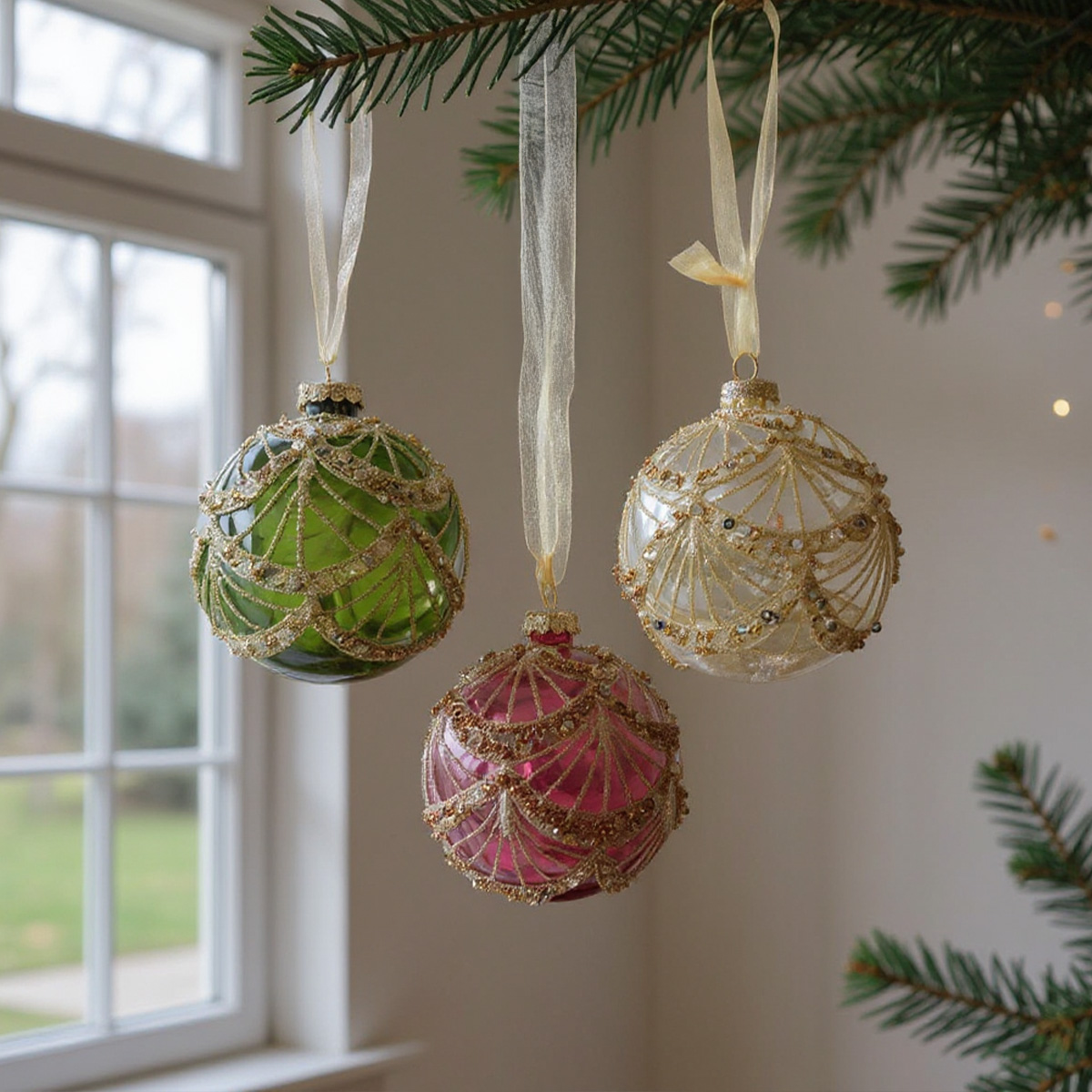 Trois boules de Noël décorées suspendues à une branche de sapin
