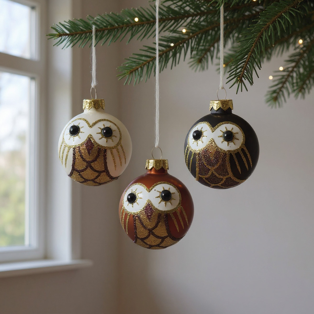 Tre palline di Natale a forma di gufo appese a un albero di Natale