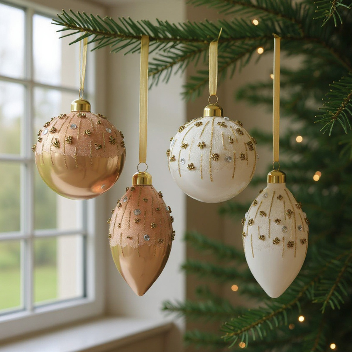 Boules de Noël dorées et blanches ornées de paillettes et de perles sur une branche de sapin