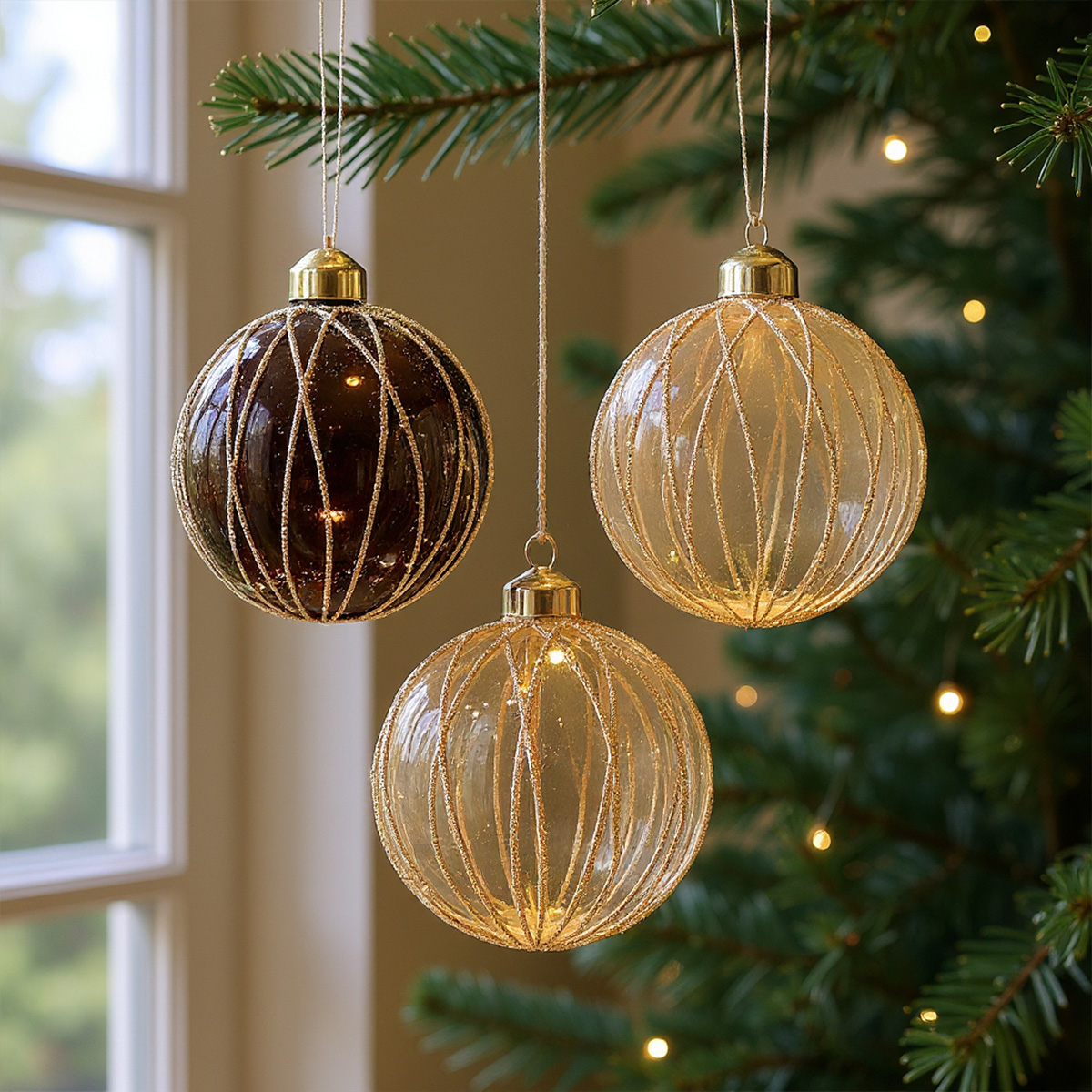 Trois boules de Noël transparentes et dorées suspendues à un sapin