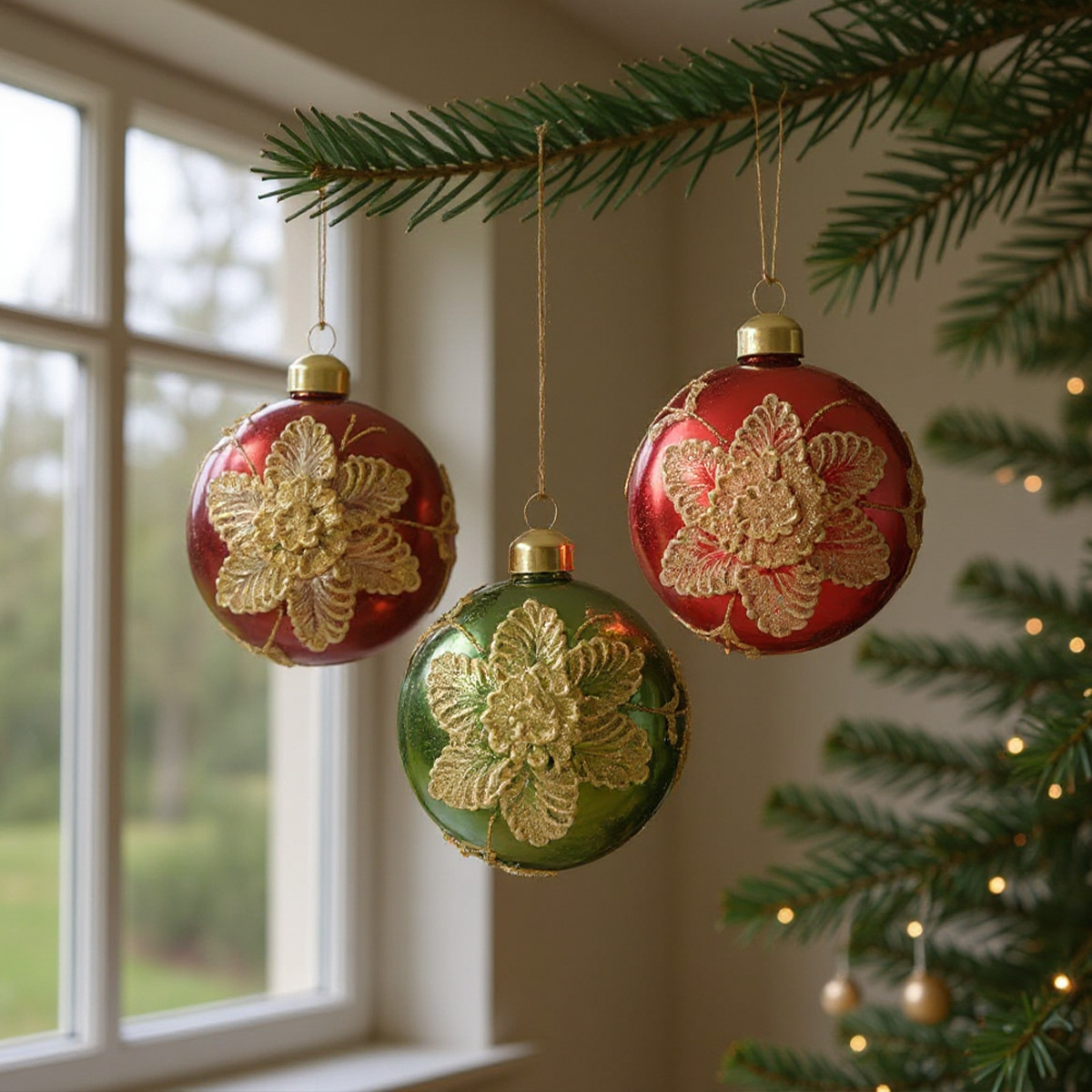Boules de Noël rouges et vertes avec des motifs floraux dorés suspendues à une branche d'arbre