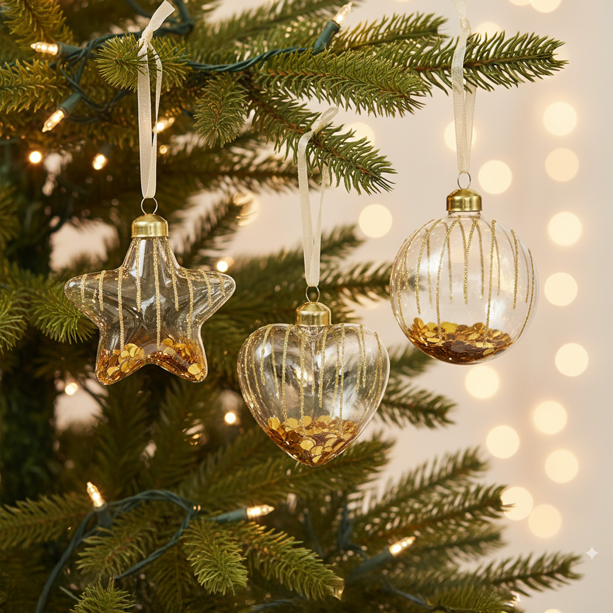 Boules de Noël transparentes en forme d'étoile, de cœur et ronde avec des paillettes dorées
