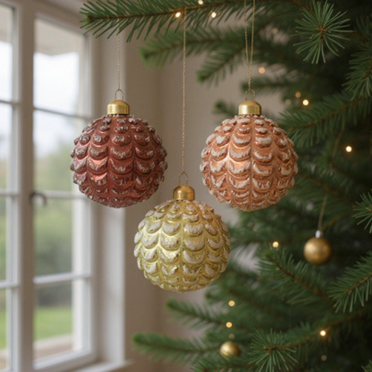 Tre palline di Natale testurizzate appese a un albero di Natale