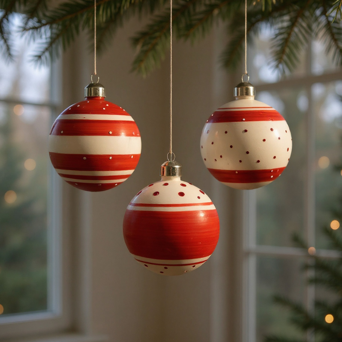 Boules de Noël rouges et blanches rayées et à pois suspendues à un sapin