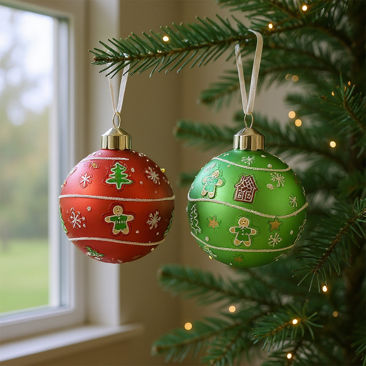 Boules de Noël rouges et vertes avec des bonshommes en pain d'épice