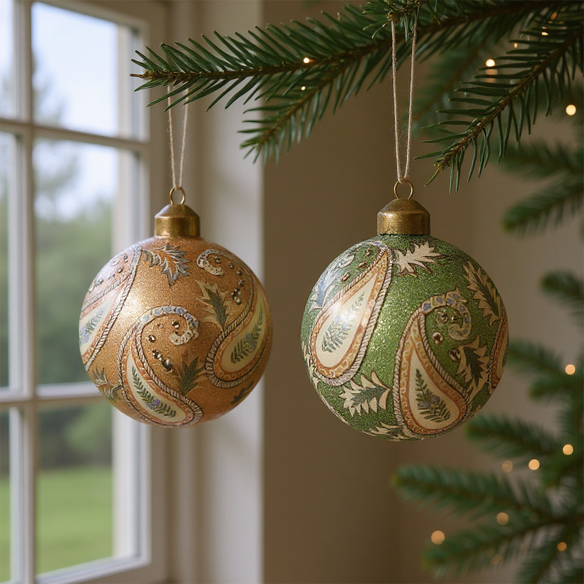 Deux boules de Noël ornées de motifs cachemire suspendues à un sapin
