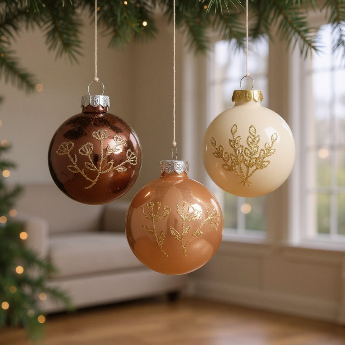 Boules de Noël marron, beige et cuivrées avec des motifs dorés de branches
