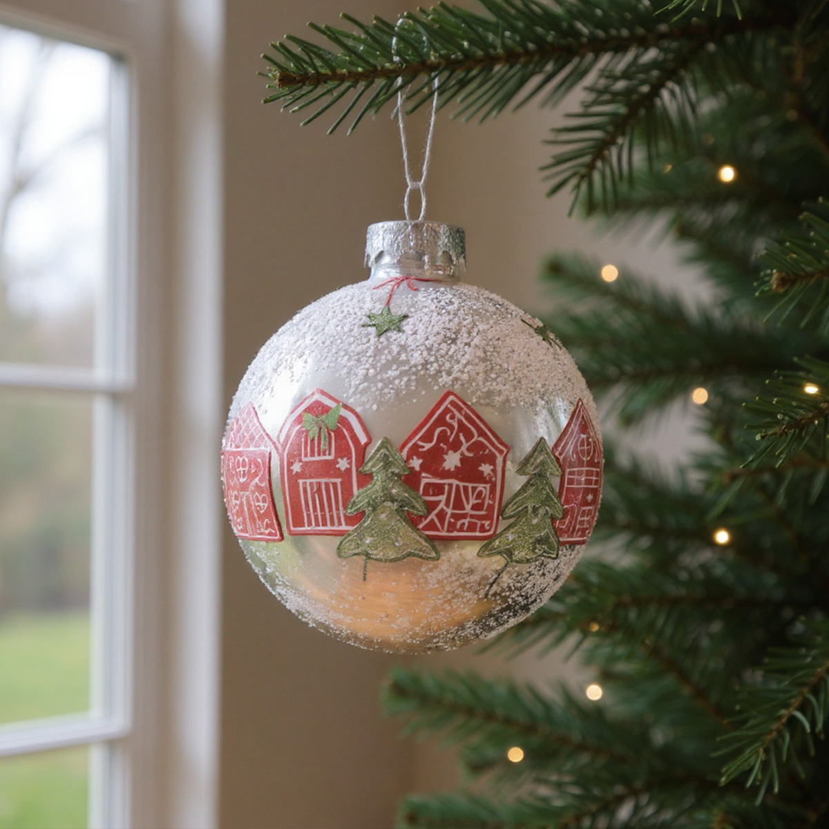 Boule de Noël argentée avec maisons rouges et sapins enneigés