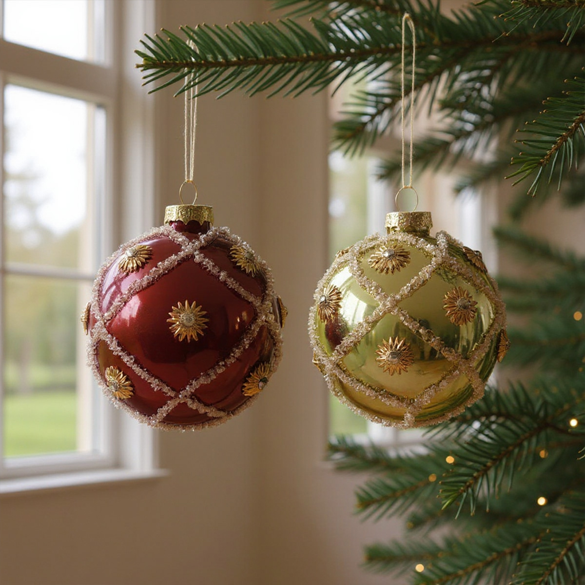 Deux boules de Noël décoratives suspendues à un sapin