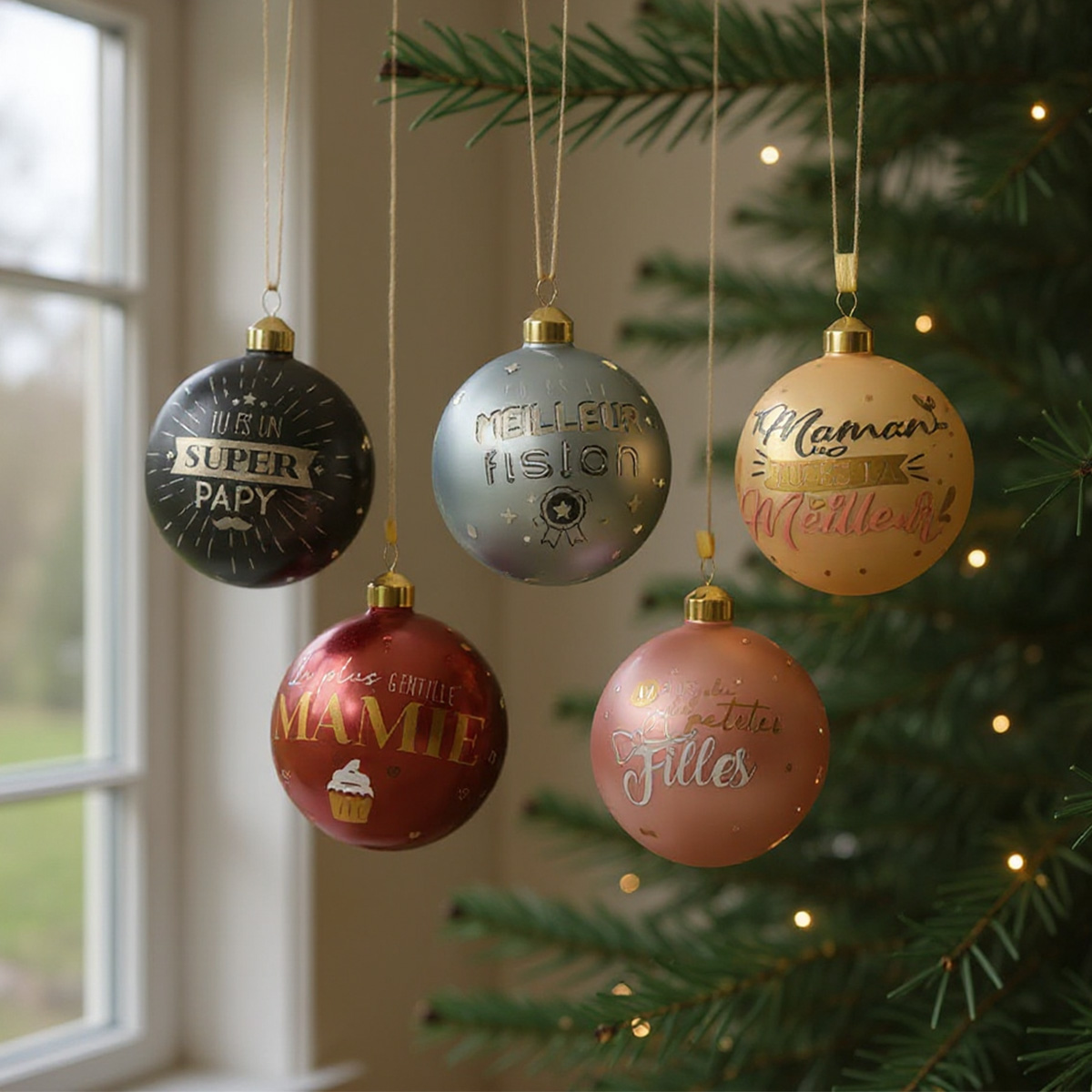 Boules de Noël avec inscriptions "Super Papy", "Meilleur Fiston", "Maman la meilleure", "Mamie" et "Petites Filles"