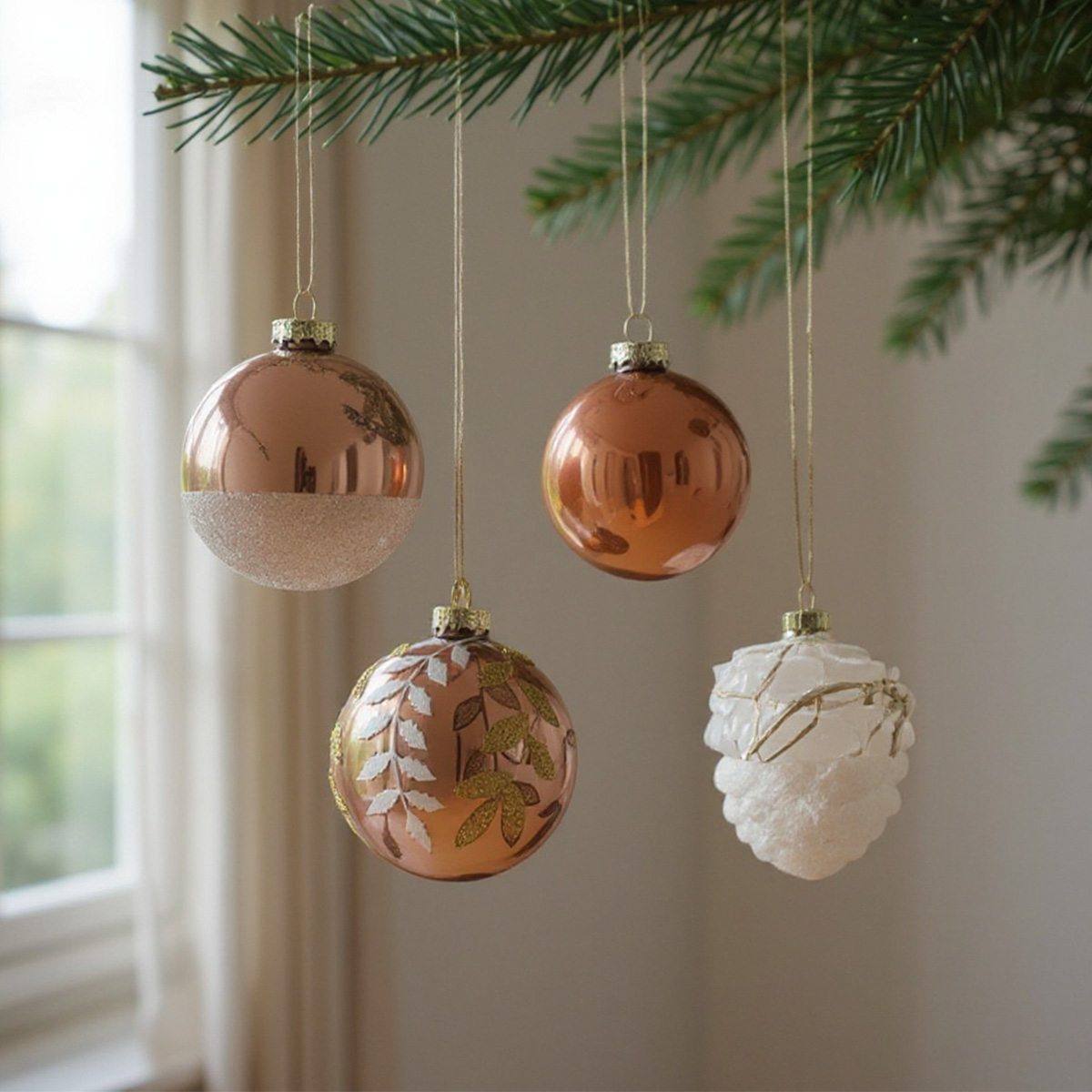 Copper Christmas baubles and a white pine cone hanging from a fir branch