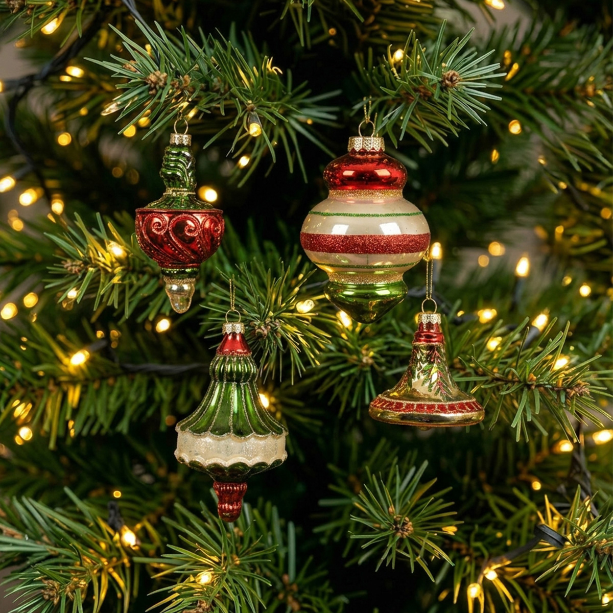 Boules de Noël rouges et vertes suspendues à un sapin décoré de lumières