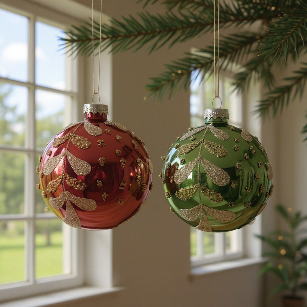 Boules de Noël rouges et vertes décorées de paillettes et de feuilles dorées
