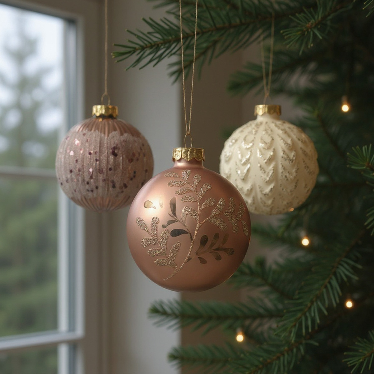 Trois boules de Noël décoratives suspendues à un sapin