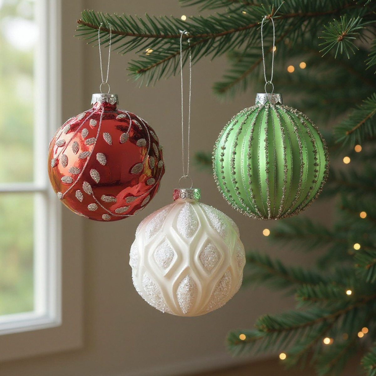 Trois boules de Noël suspendues à un sapin : rouge, verte et blanche