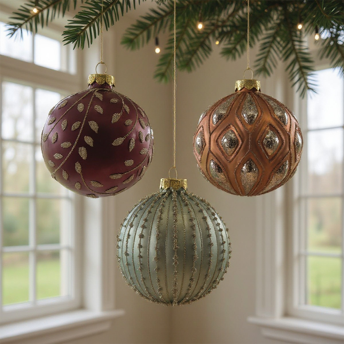 Tre palline di Natale decorative appese all'albero di Natale