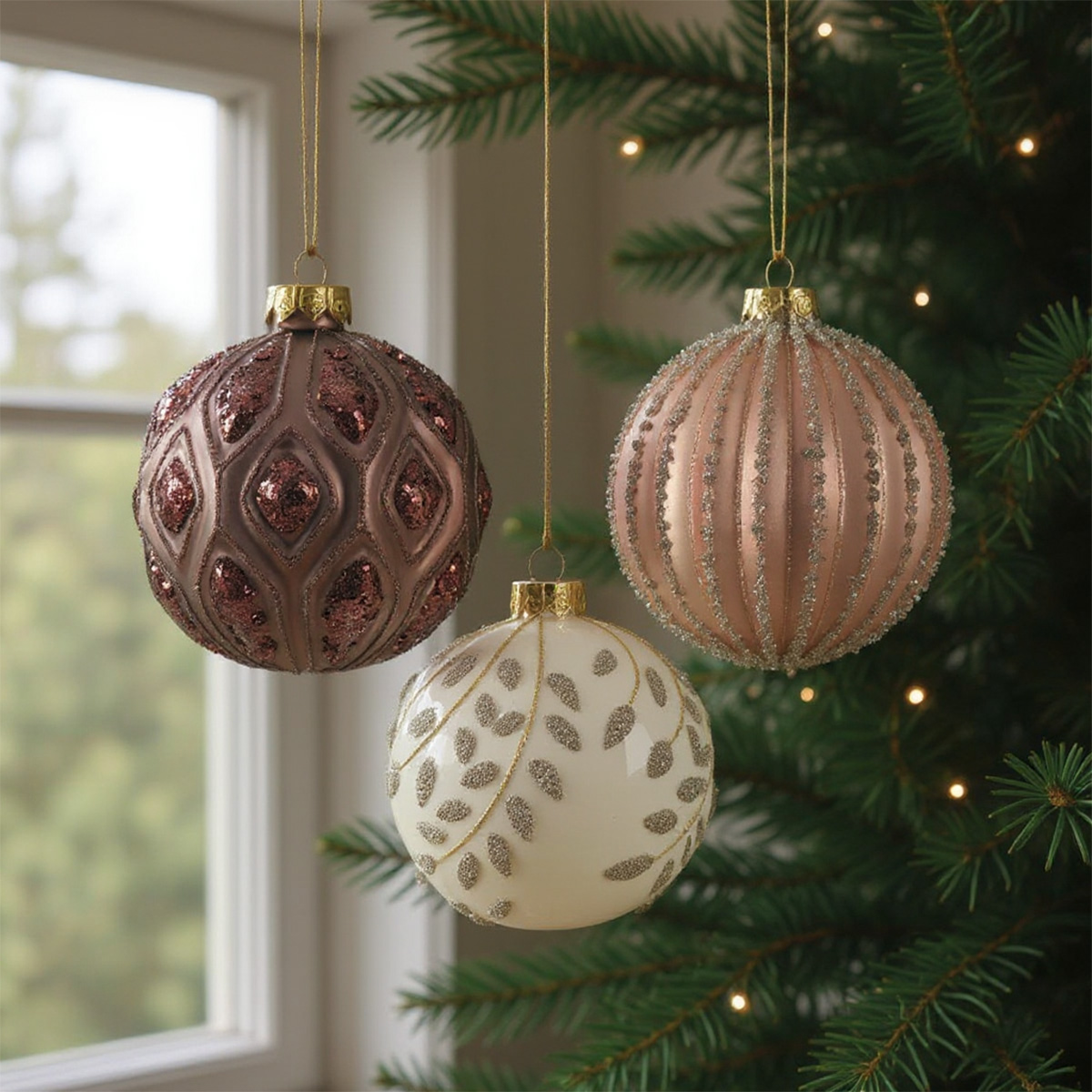 Trois boules de Noël décorées de paillettes sur un sapin