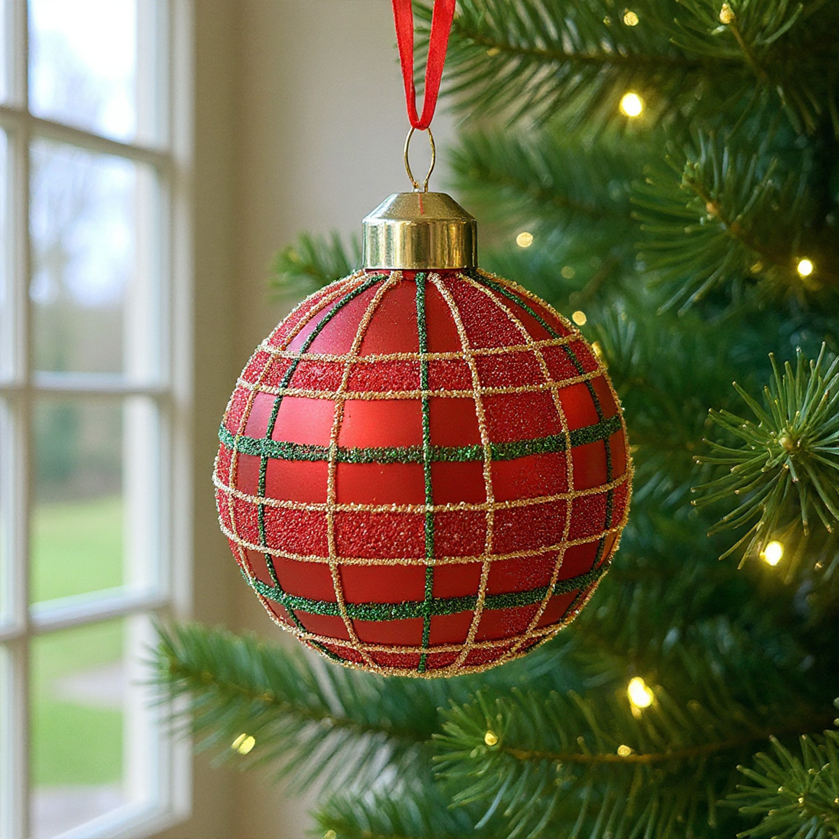 Boule de Noël rouge à carreaux avec des paillettes dorées et vertes