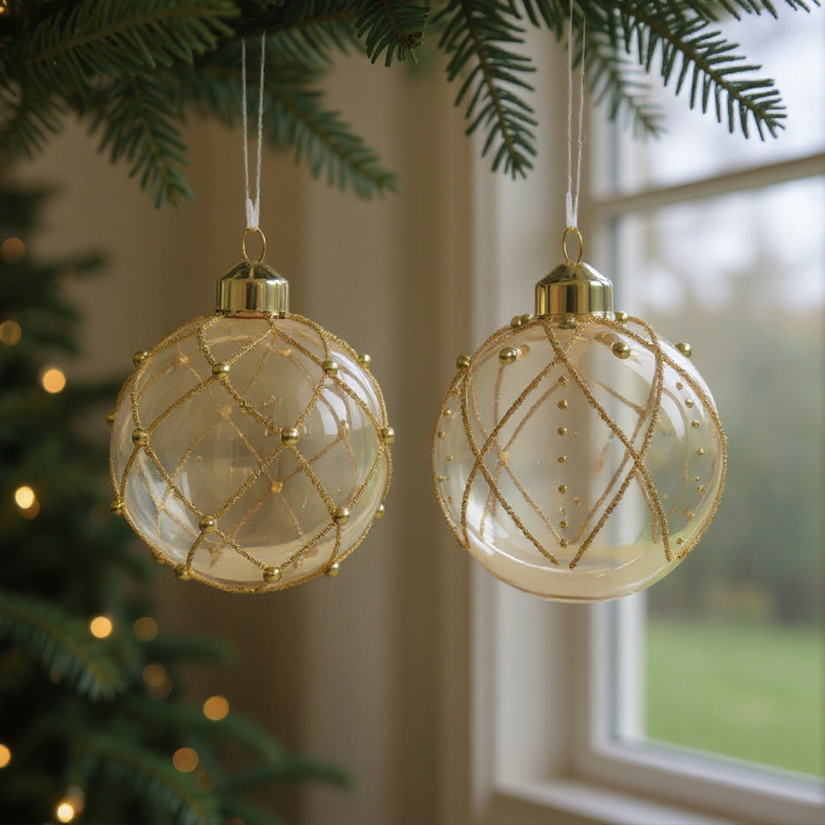 Deux boules de Noël transparentes avec des ornements dorés suspendues à un sapin