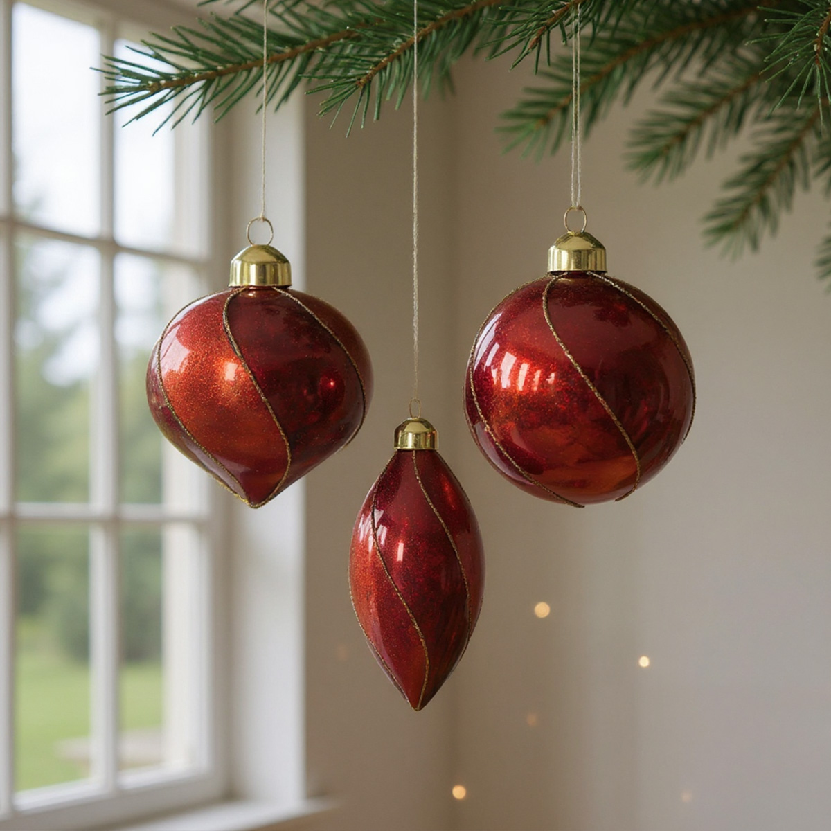 Trois boules de Noël rouges avec des spirales dorées suspendues à une branche de sapin