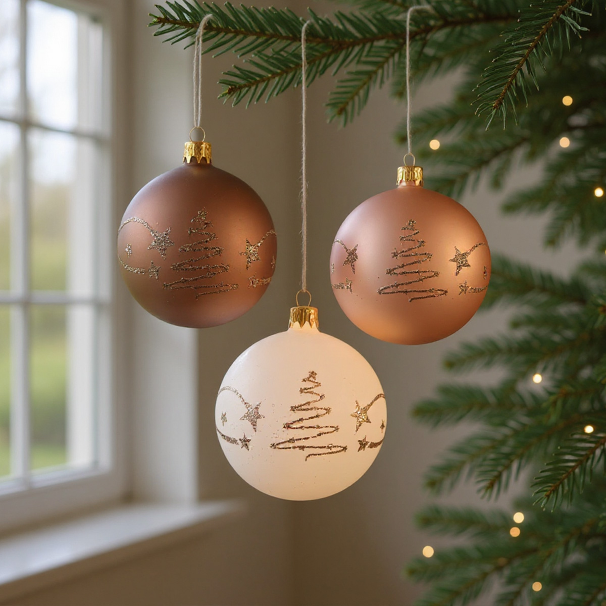 Boules de Noël blanches et roses avec des arbres scintillants suspendus à un sapin