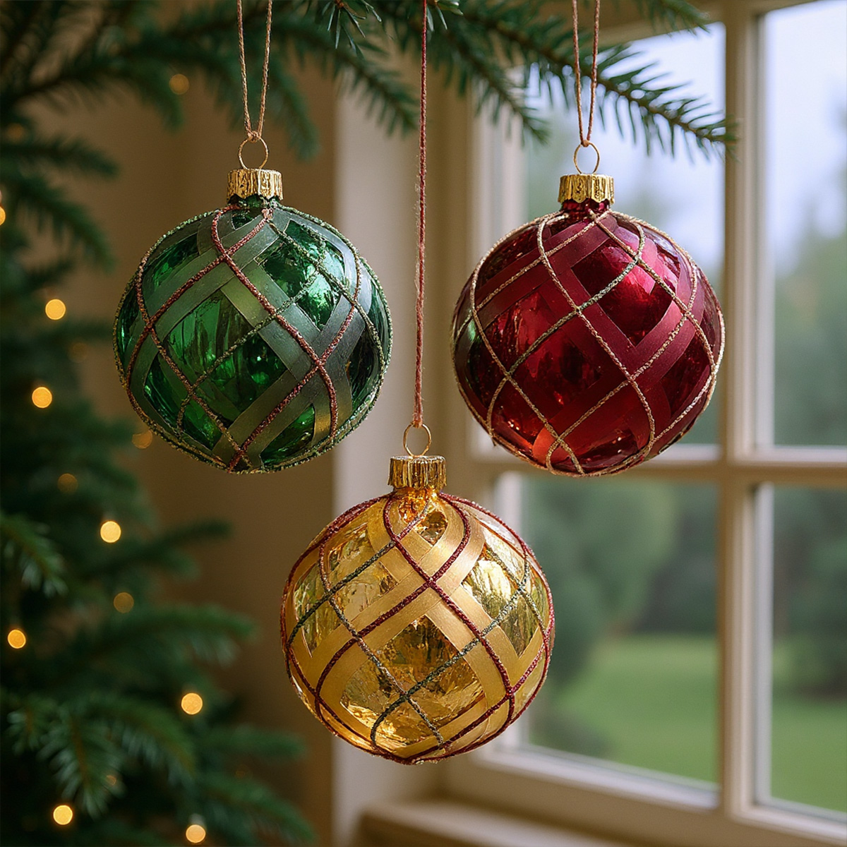 Boules de Noël vertes, rouges et dorées suspendues à un sapin