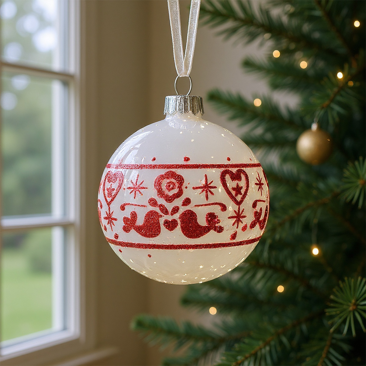 Boule de Noël blanche avec décorations rouges de style scandinave