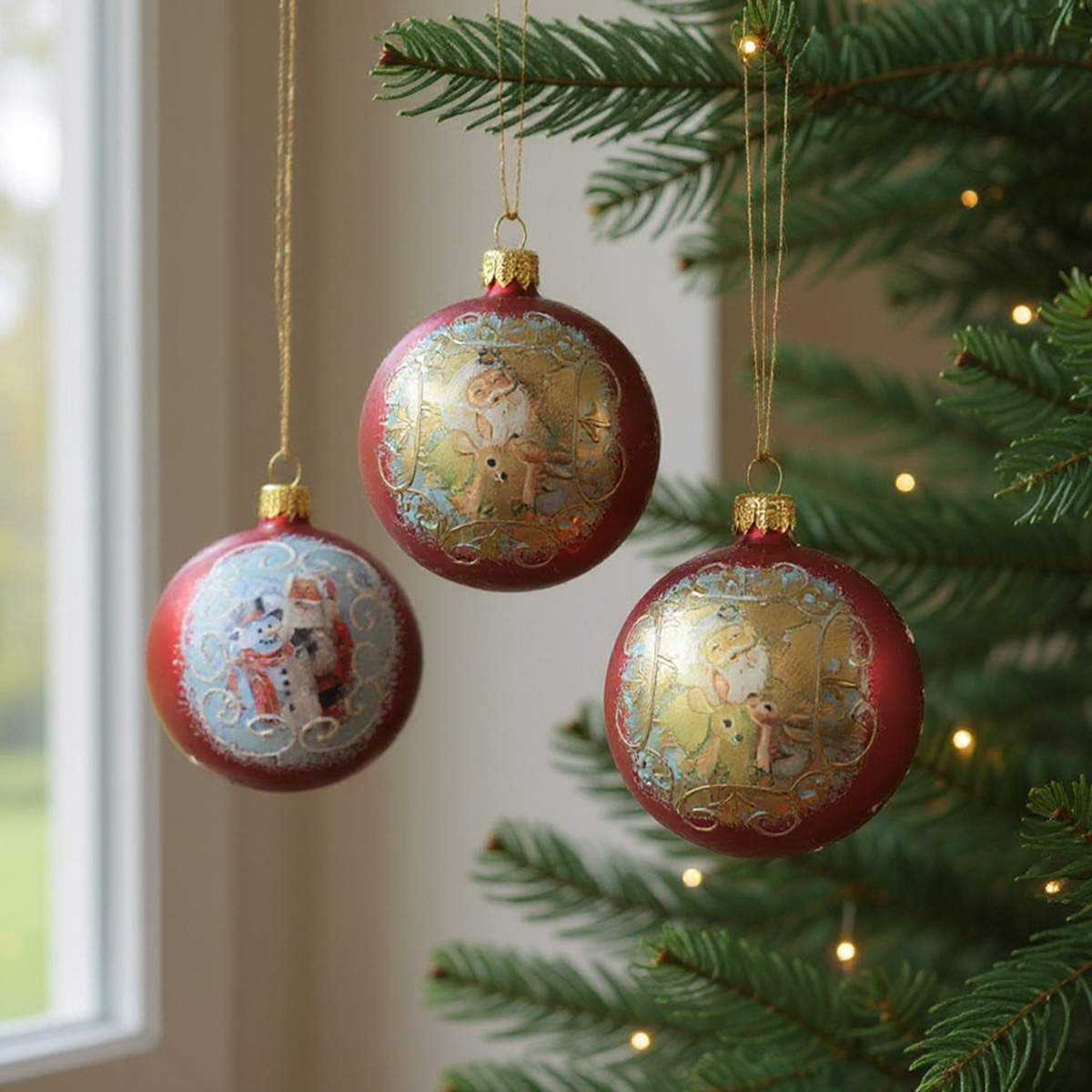Boules de Noël rouges avec des scènes de Père Noël et de bonhomme de neige