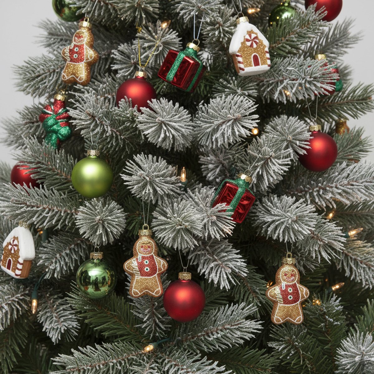 Ornements de Noël en pain d'épices, maisons et cadeaux sur un sapin givré