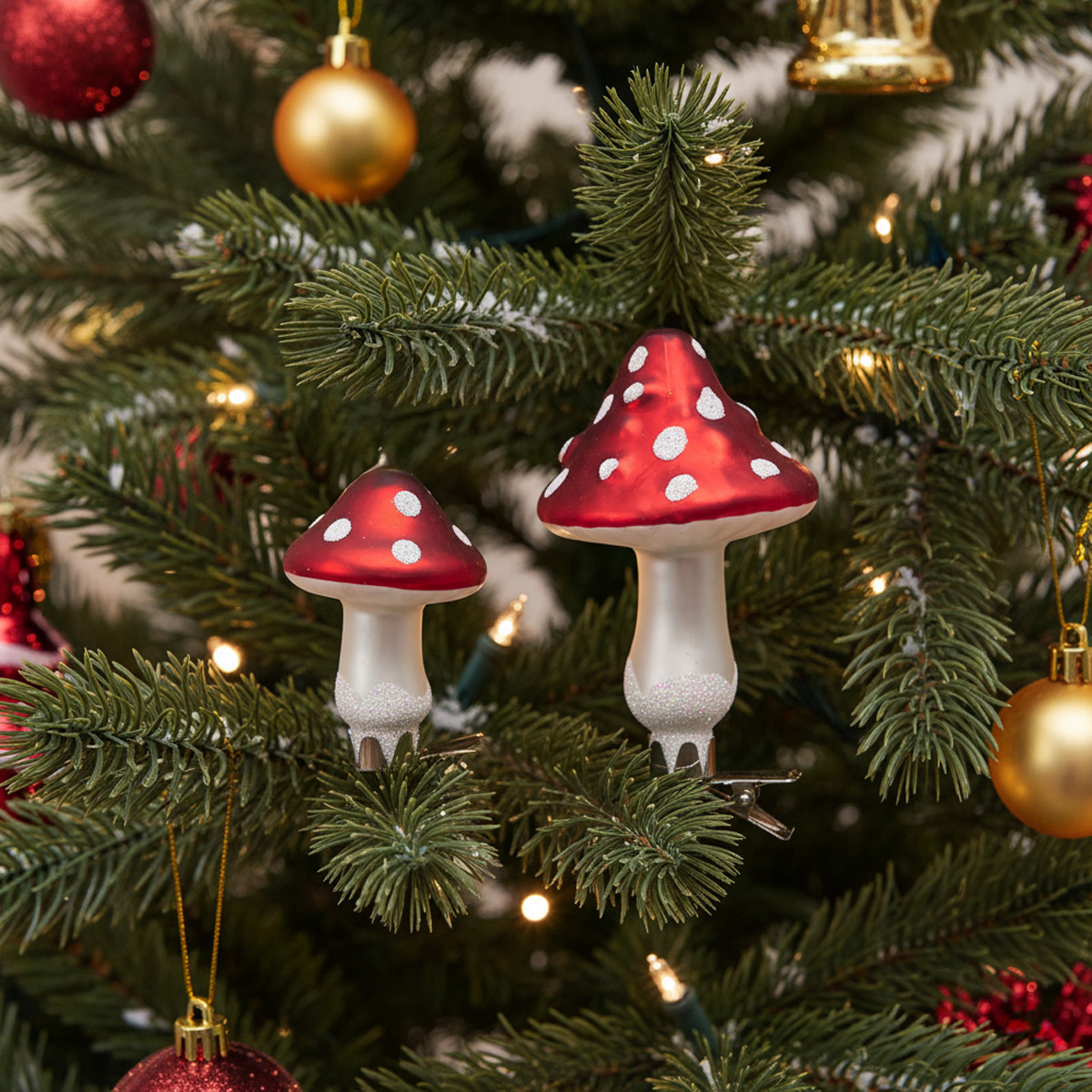 Ornements de champignons de Noël rouges et blancs sur un sapin