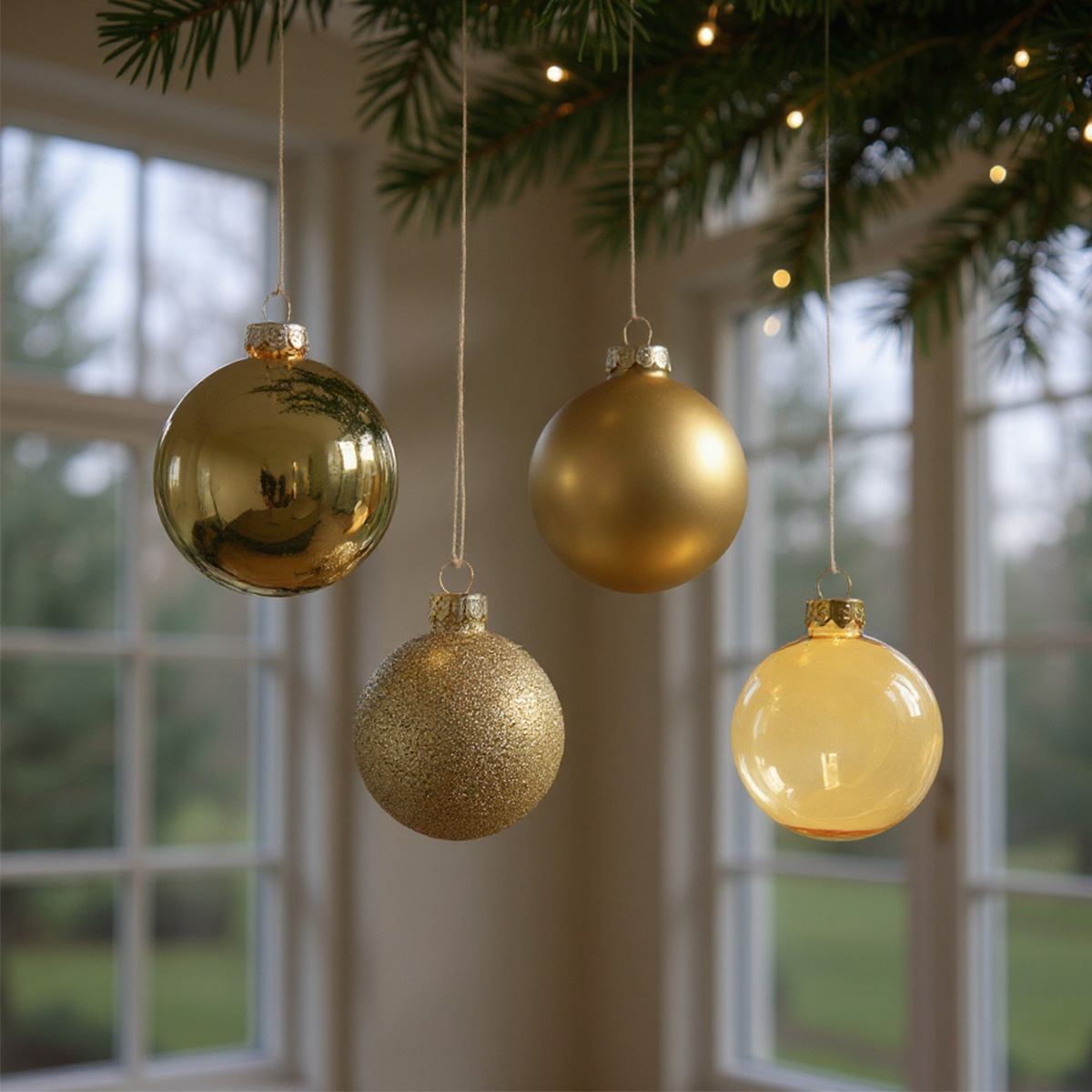Quatre boules de Noël dorées suspendues à un sapin