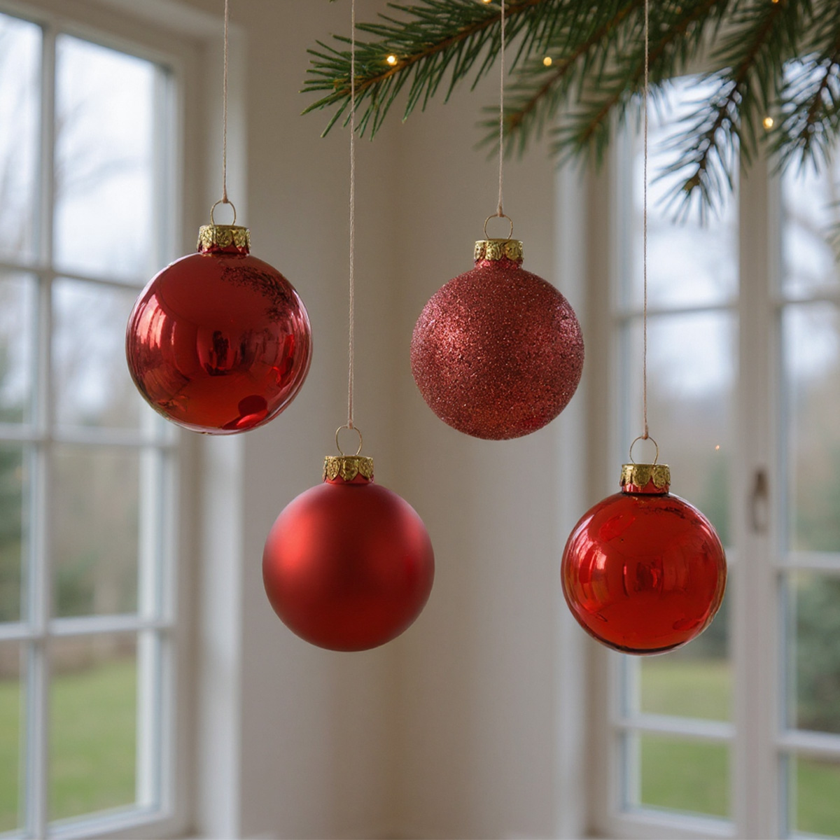 Quatre boules de Noël rouges suspendues à une branche de sapin