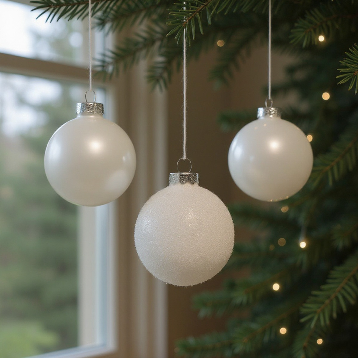 Trois boules de Noël blanches suspendues à un sapin