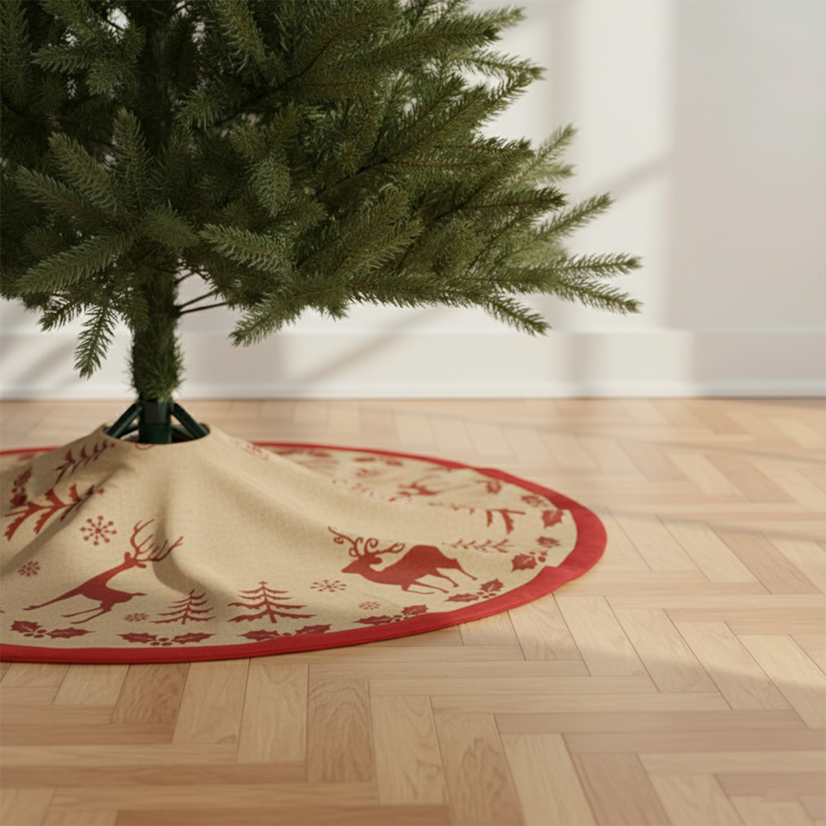 Kerstboomrok met rendieren en rode sneeuwvlokken op een beige achtergrond