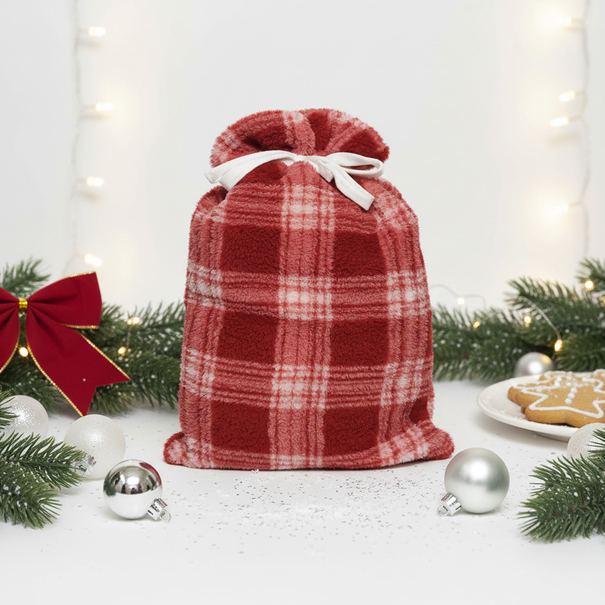 Sac de Noël à carreaux rouges avec un nœud blanc, entouré de décorations.