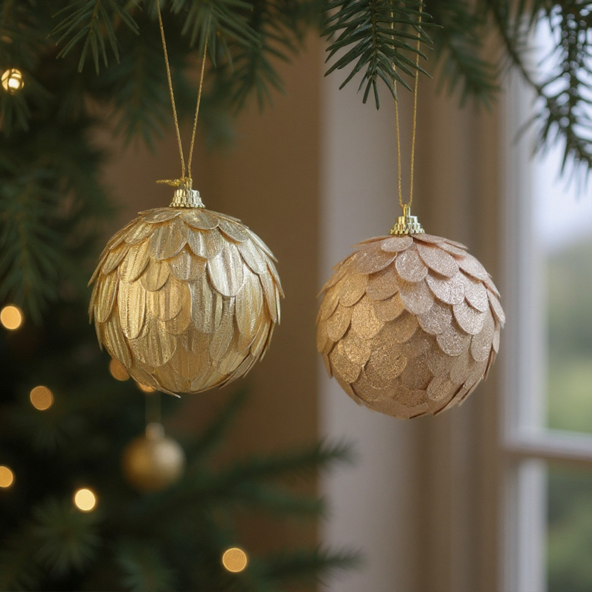 Due palline di Natale dorate pendono da un albero di Natale